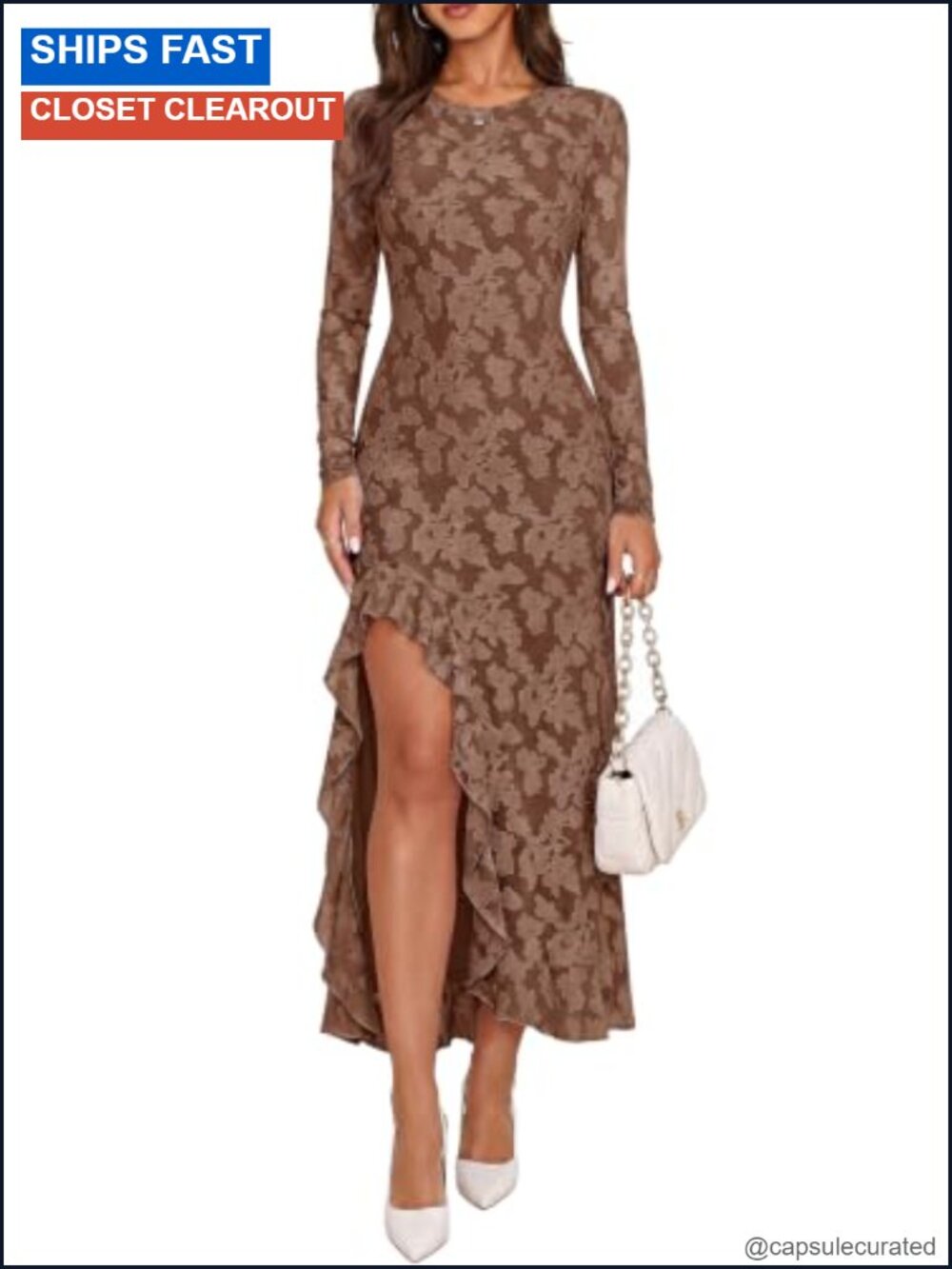 Women's Floral Maxi Bodycon Dress with Slit Ruffled Sheer Mesh Long Sleeve